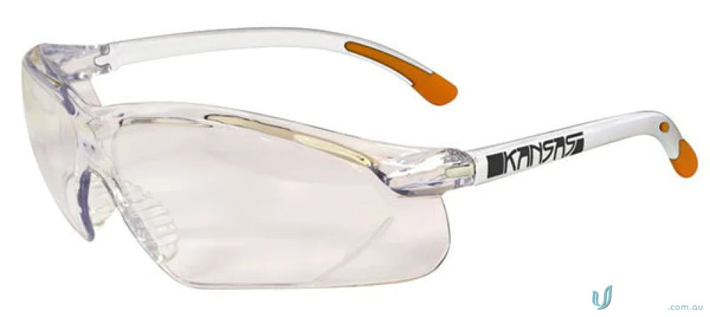 Clear safety glasses with orange accents for workwear and lens protection