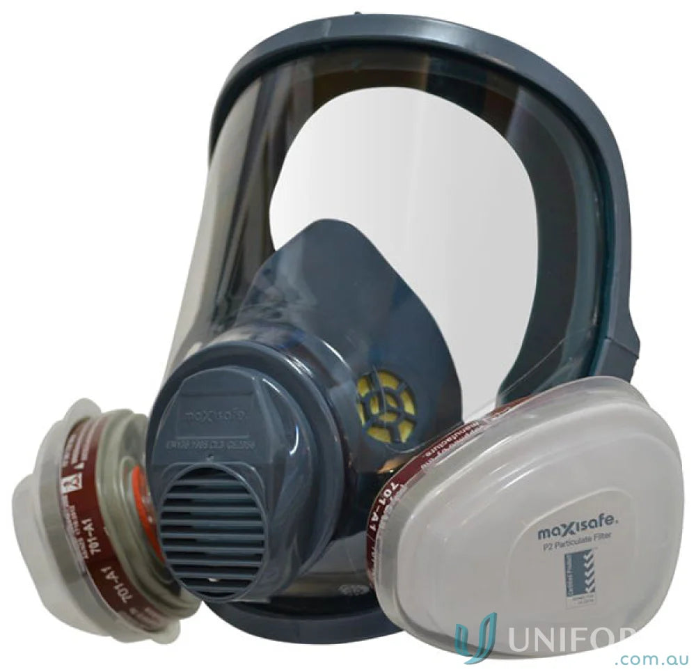 Full-face respirator with twin A1P2 filters for protection and safety
