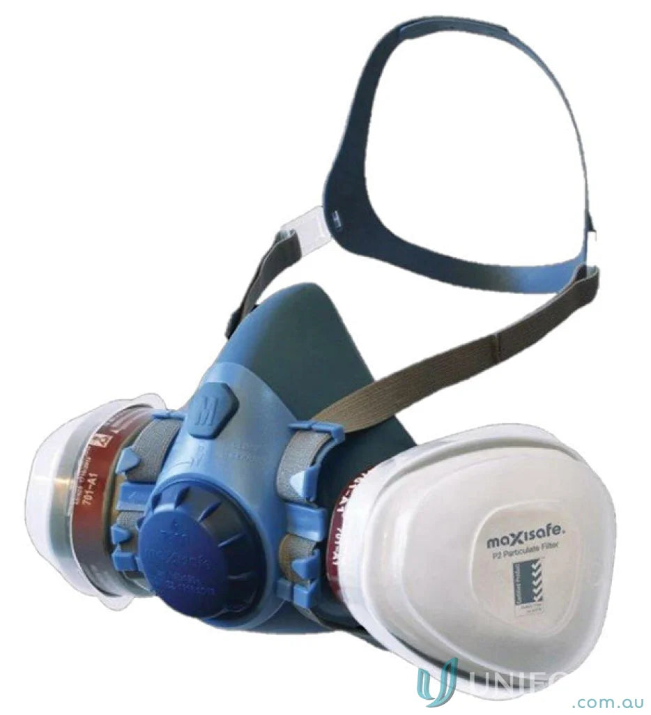 Blue and gray respirator mask from MaxiGuard chemical kit blister pack for uniforms