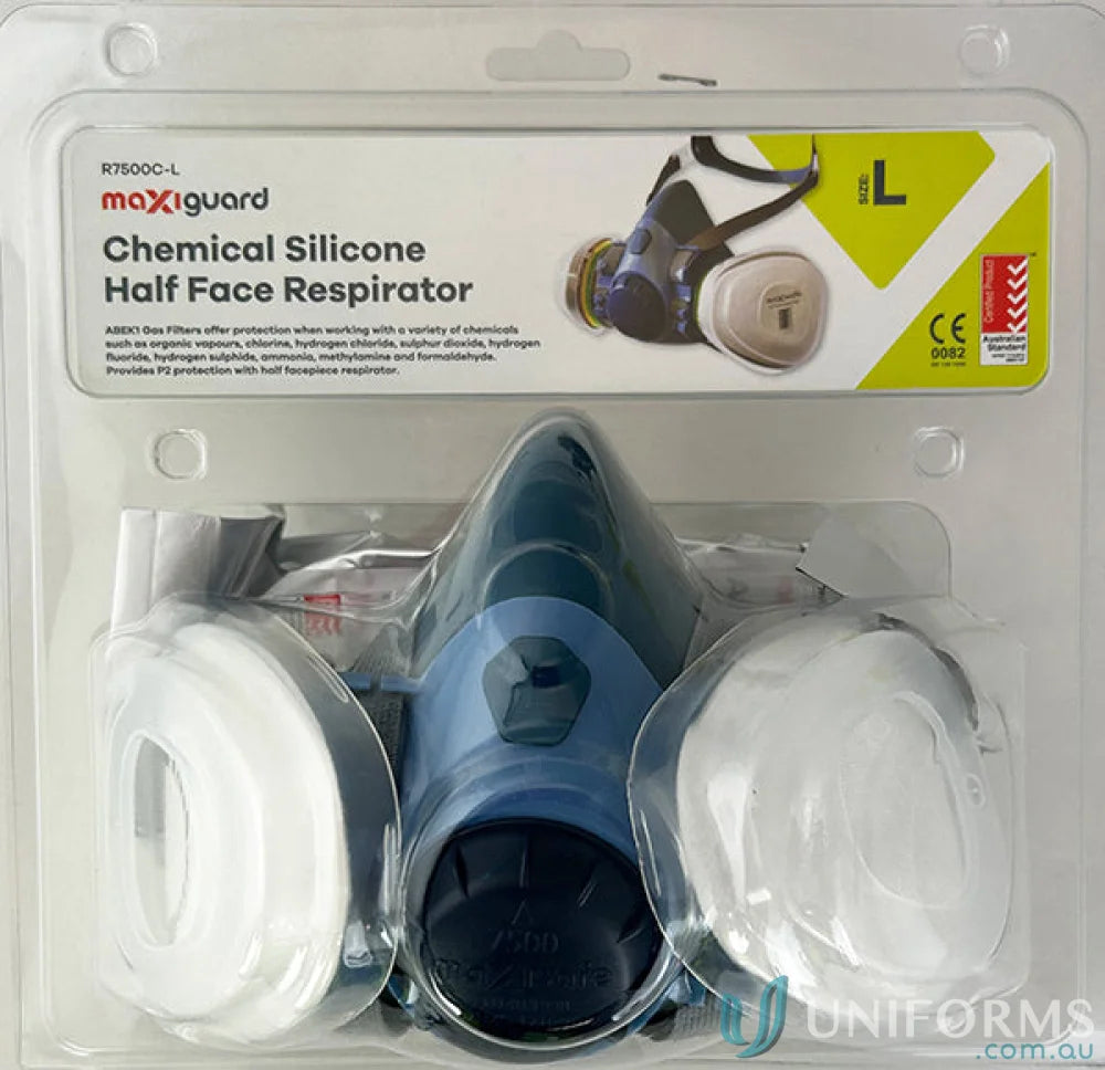 Chemical silicone half-face respirator in 1pk MaxiGuard Chemical Kit blister pack for uniforms