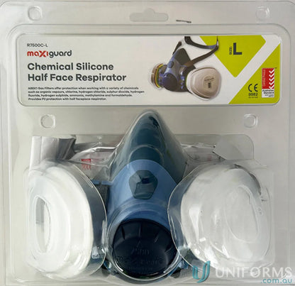 Chemical silicone half-face respirator in 1pk MaxiGuard Chemical Kit blister pack for uniforms