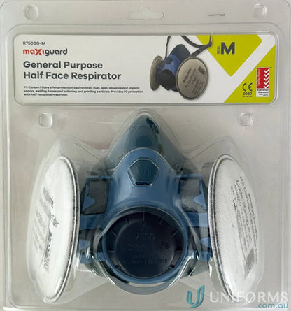 Blue half-face respirator with white particle filters for general purpose use and uniforms