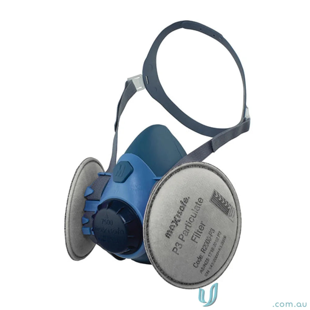 Blue respirator mask with particle filters for general purpose use and uniforms