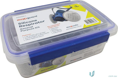 Silicone respirator general purpose kit in clear case with blue latches for workwear and uniforms