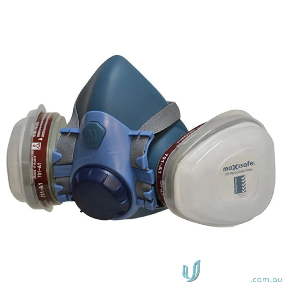Blue half-face respirator with filters from MaxiGuard blister pack for workwear uniforms