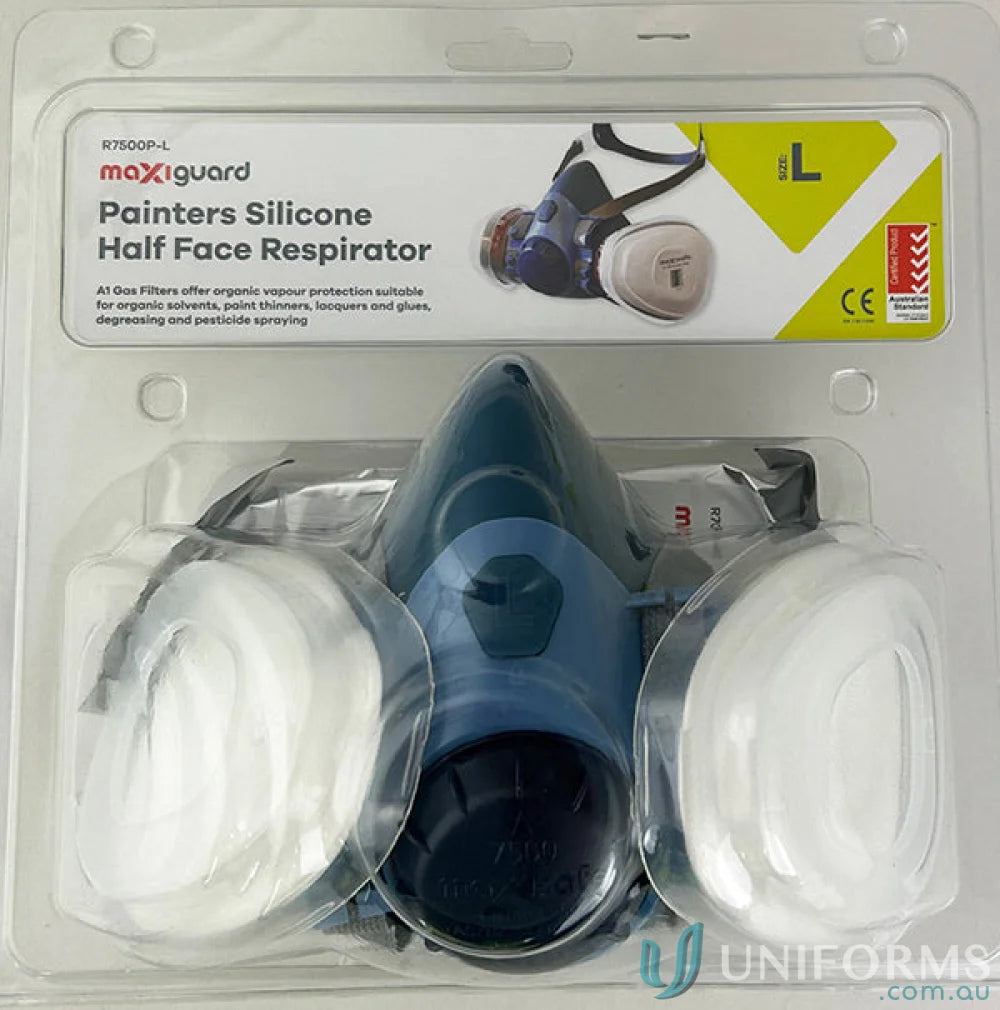 Packaged painters silicone half face respirator in blister pack, perfect for workwear and uniforms