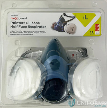 Packaged painters silicone half face respirator in blister pack, perfect for workwear and uniforms