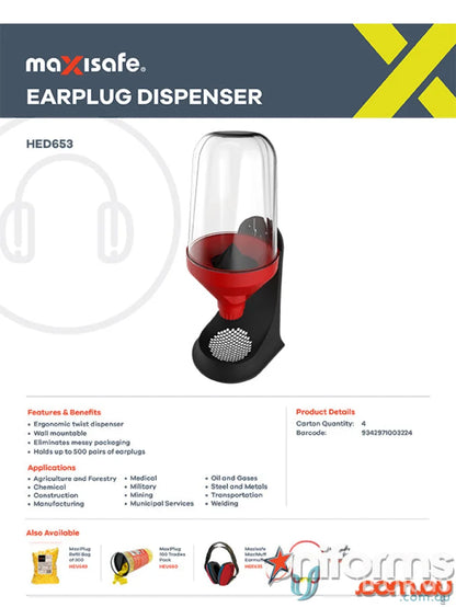 Earplug dispenser with clear reservoir for work uniforms and workwear safety gear