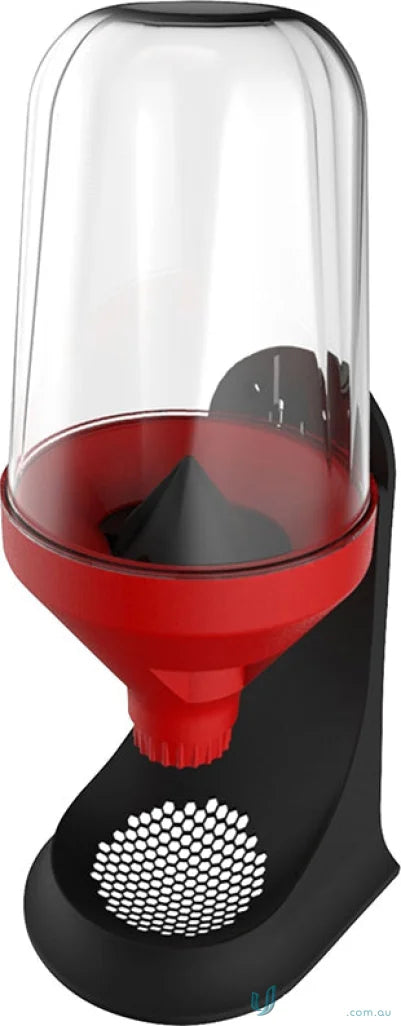 Red and black cereal dispenser with clear dome for use with work uniforms and workwear