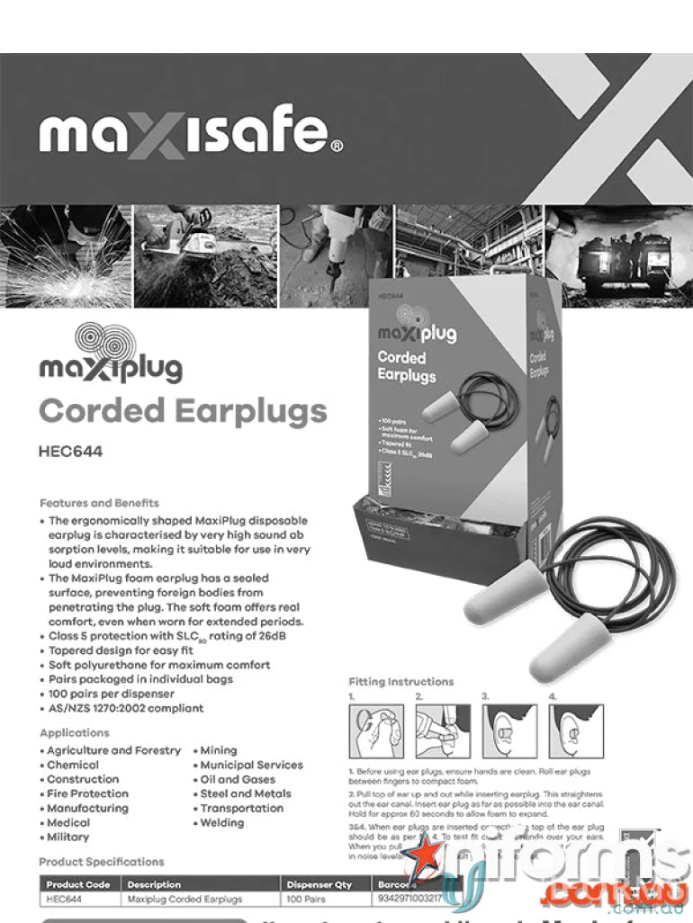 Maxisafe corded earplugs in 1pk MaxiPlug Uncorded Earplugs Class 5 for workwear