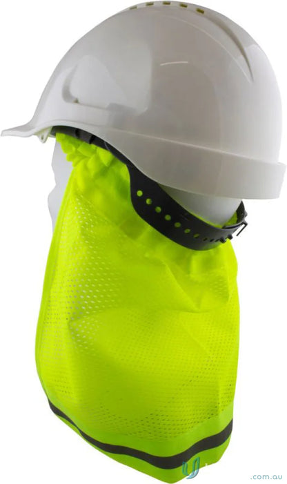 White hard hat with neon yellow neck flap for safety and work uniforms