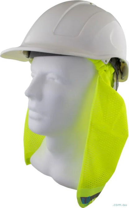 White hard hat with neon yellow neck flap for safety in work uniforms