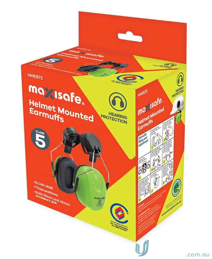 Boxed Maxisafe Helmet Mounted Earmuffs 26dB for workwear and safety uniforms