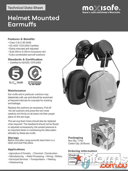 Helmet-mounted earmuffs for work uniforms with 26dB noise reduction and specs