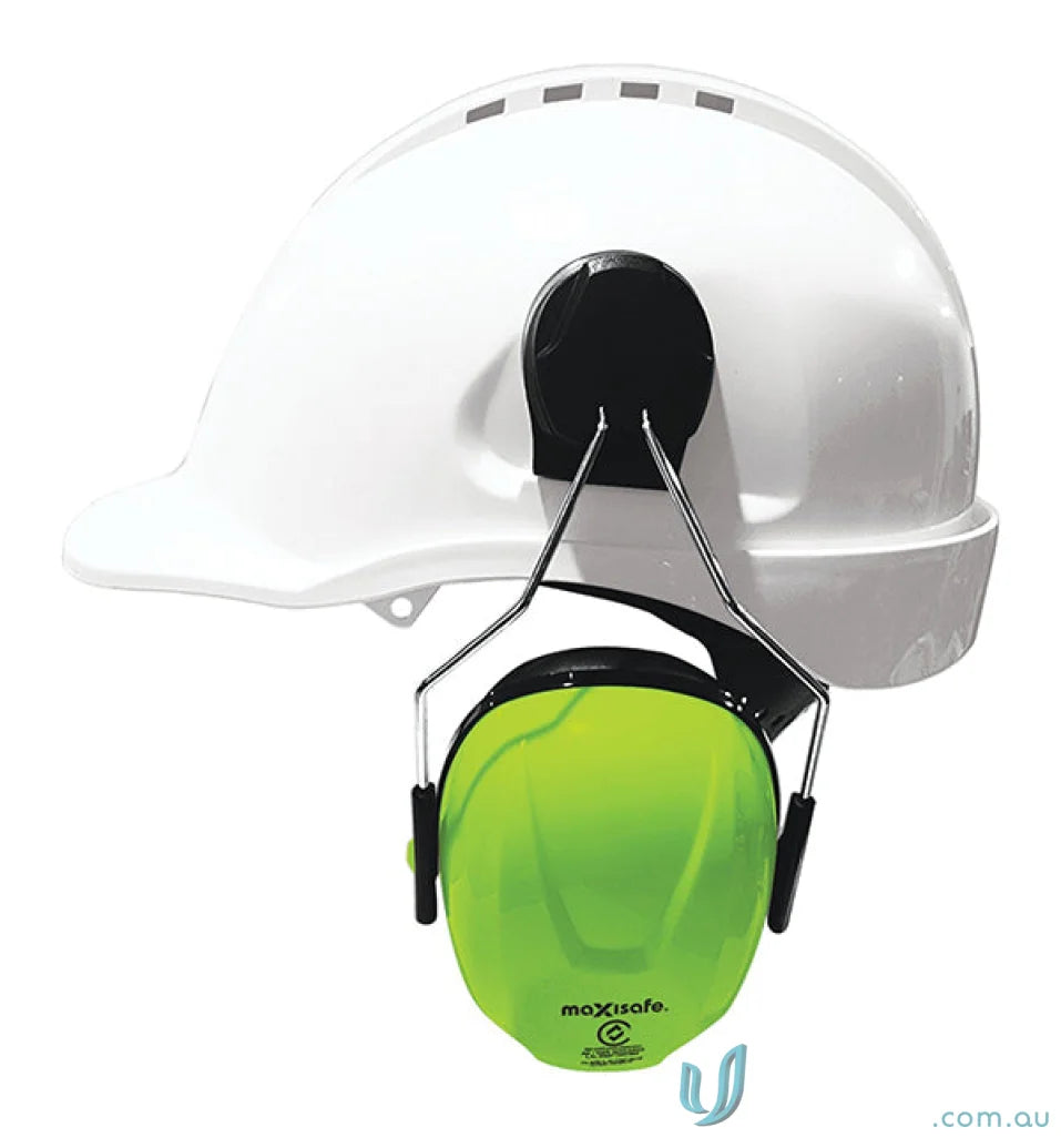 White hard hat with green earmuffs from Maxisafe helmet mounted workwear gear