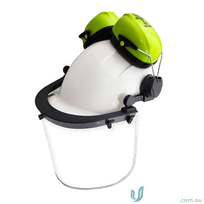 White Maxisafe Helmet with clear visor, face shield, ear protection for workwear