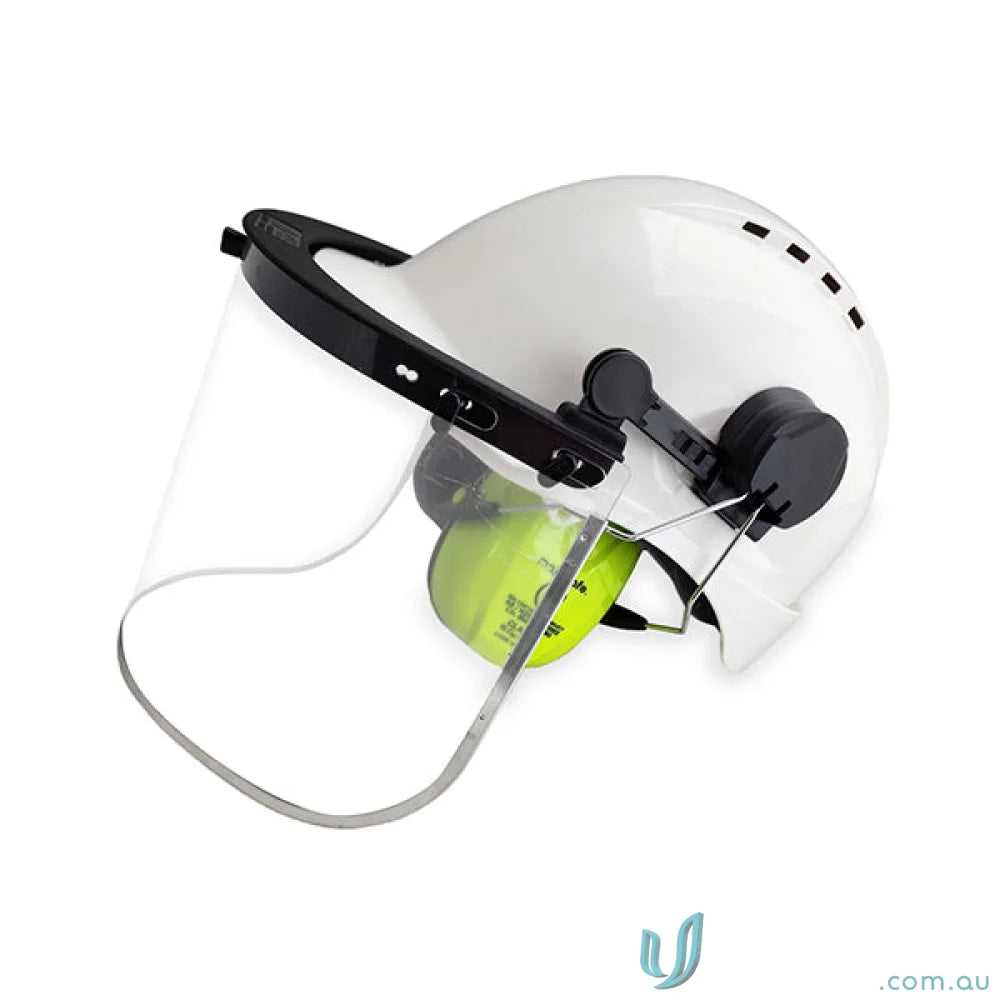 White hard hat with clear visor, face shield, and ear protection for workwear and uniforms