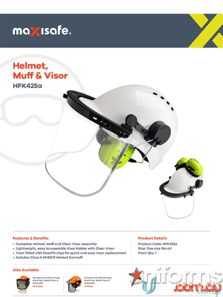 White safety helmet with clear visor and ear muffs for workwear or uniforms protection