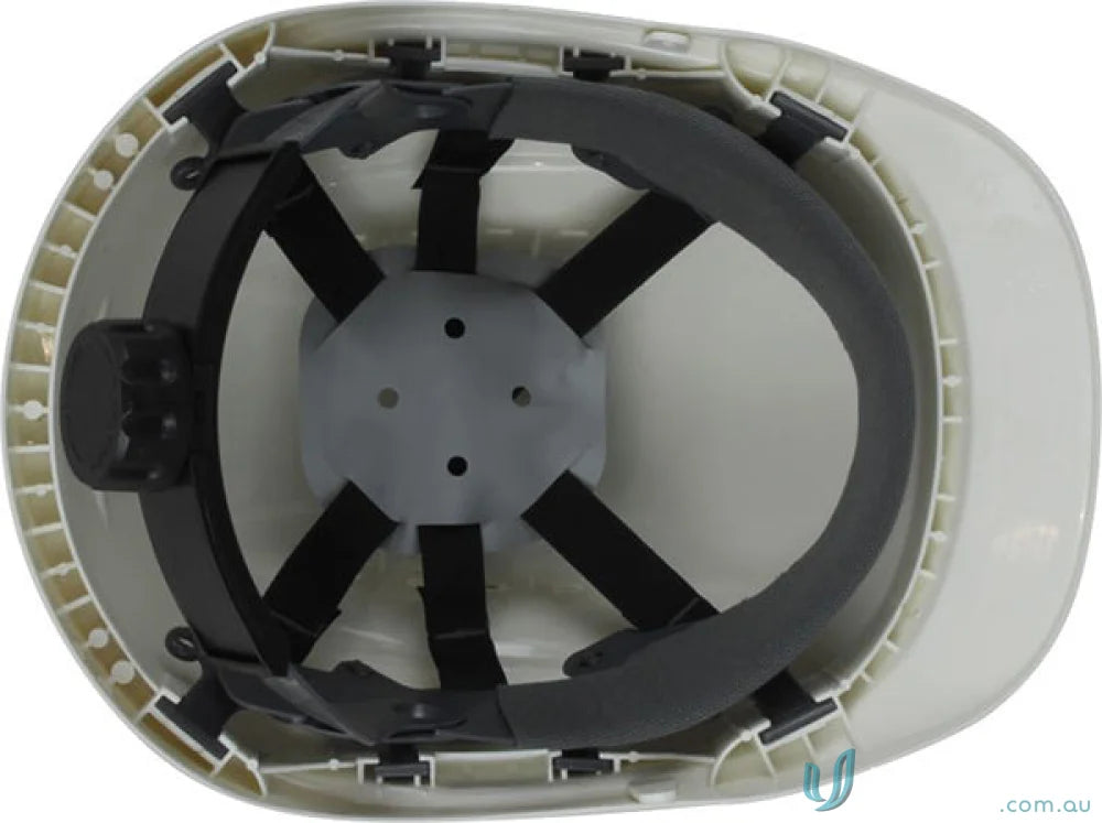 White hard hat interior for workwear and uniforms in safety gear products