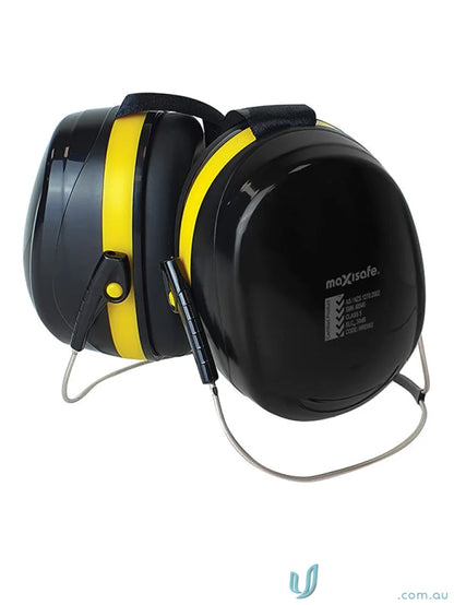 Black and yellow earmuffs for work uniforms and workwear protection 30dB Maxisafe