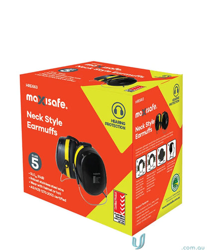 Box of yellow Maxisafe neck style earmuffs for work uniforms and workwear protection