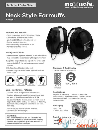 Neck style earmuffs for workwear and uniforms, 30dB noise reduction, yellow design