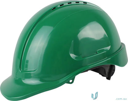 Green vented hard hat with ratchet harness and long peak for safety gear