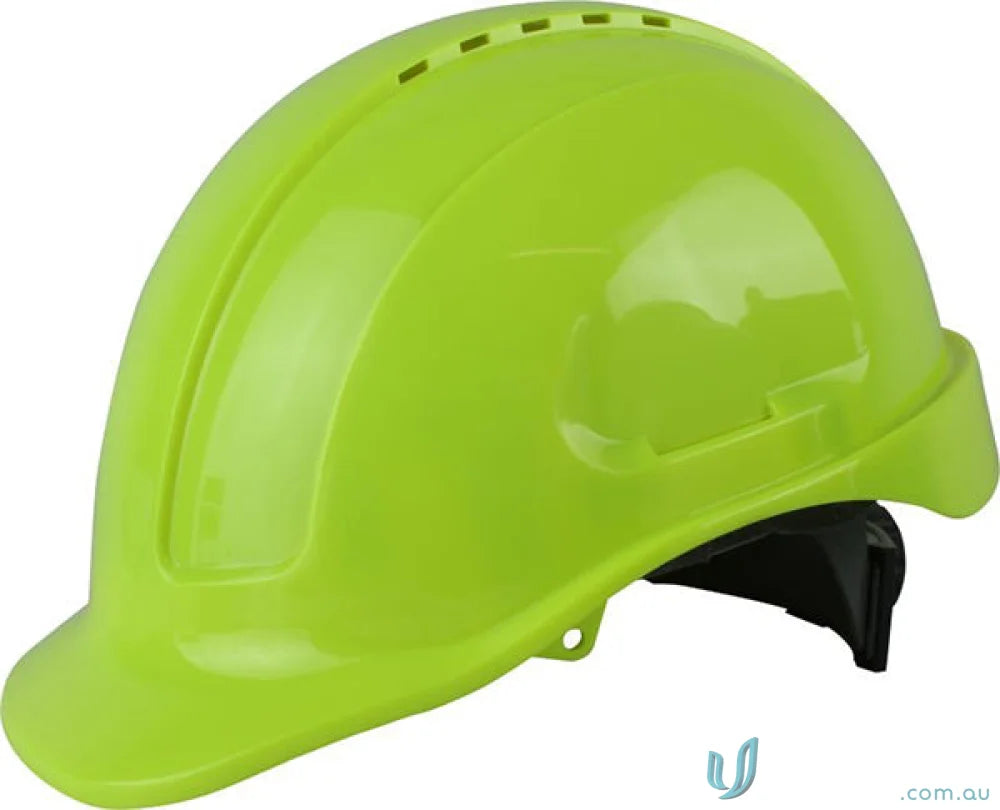 Lime green vented hard hat with ratchet harness and long peak for safety