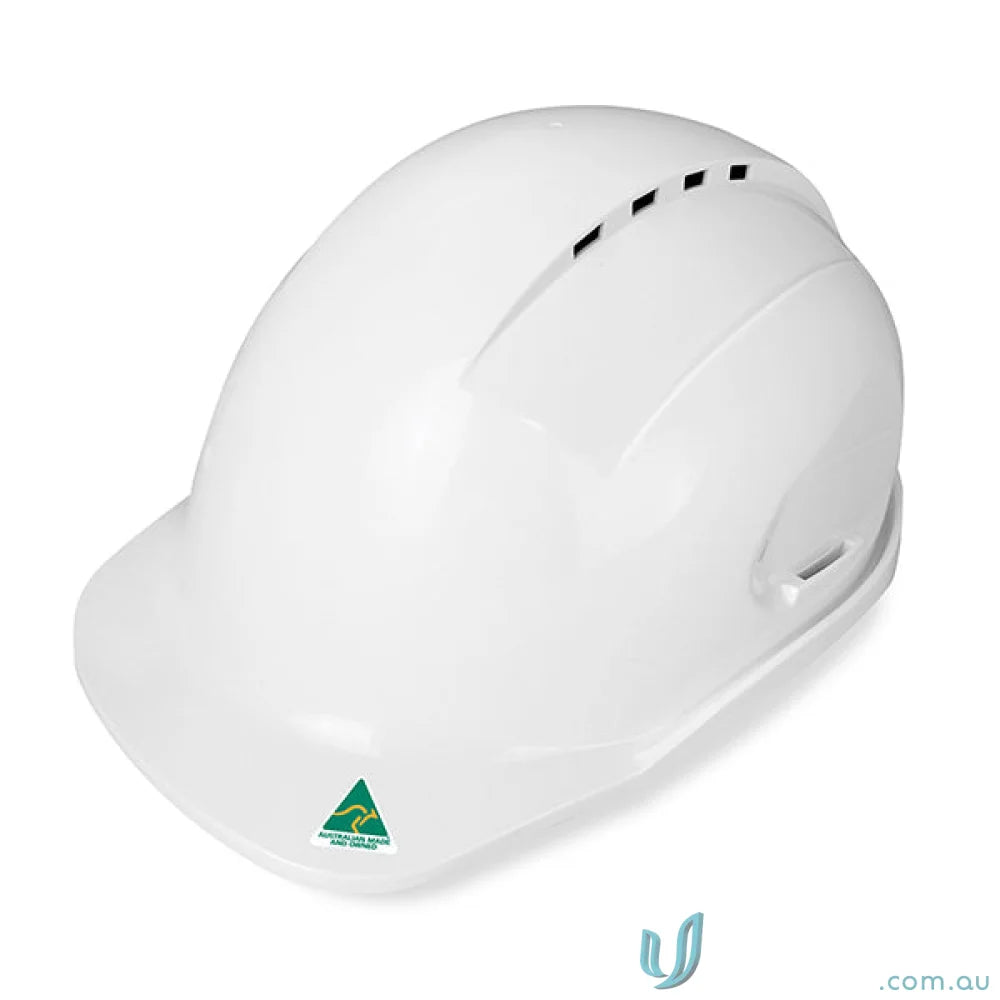 White vented hard hat with ratchet harness and long peak for safety and comfort
