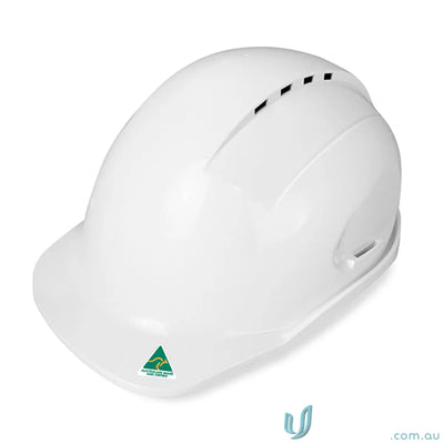 White vented hard hat with ratchet harness and long peak for safety and comfort