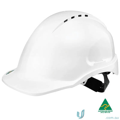 White construction hard hat, vented hard hat with Sliplock Harness for safety