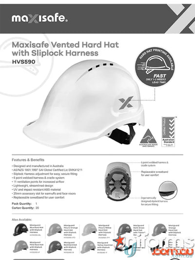 White Maxisafe vented hard hat with Sliplock harness for safety and comfort