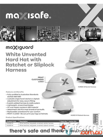 White unvented hard hat with ratchet harness for safety and comfort