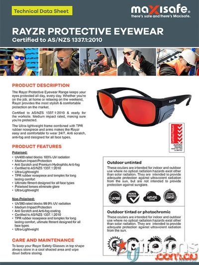 Rayzr Safety Glasses data sheet with TPR rubber nosepiece for medium impact protection
