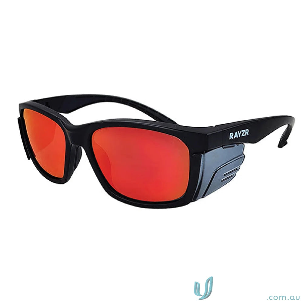 Black sunglasses with red lenses, matte black frame, featuring TPR rubber nosepiece and anti scratch face types for medium impact safety glasses