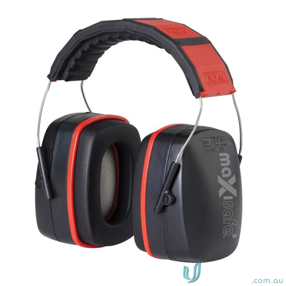 Black and red earmuffs with padded headband great for headband for sweat and safety