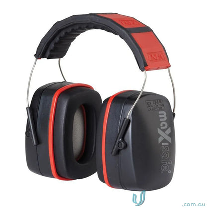 Black and red earmuffs with padded headband great for headband for sweat and safety