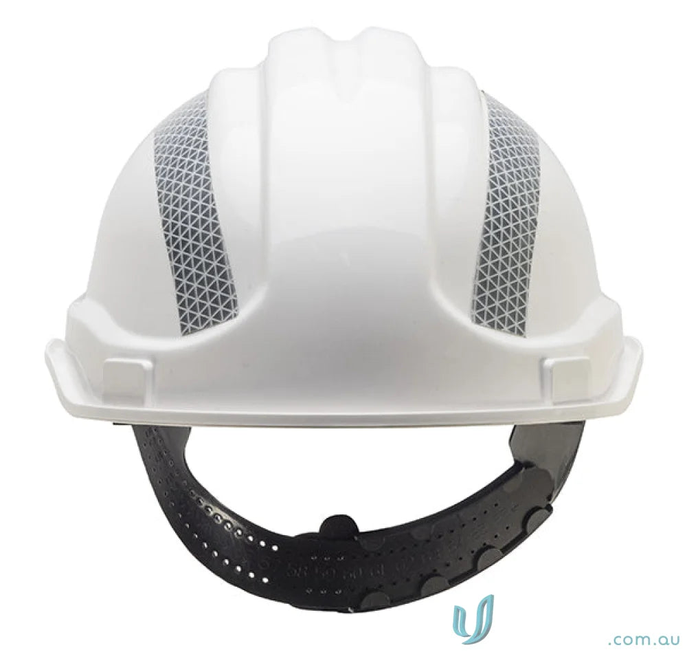 White hard hat with reflective stripes from 1pk Reflective Tape Kit for helmets, perfect for workwear and uniforms