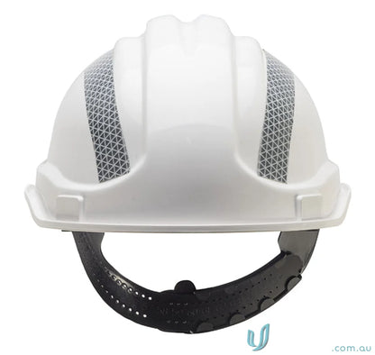 White hard hat with reflective stripes from 1pk Reflective Tape Kit for helmets, perfect for workwear and uniforms
