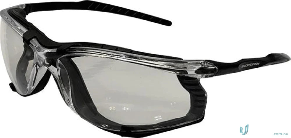 Clear lens safety glasses with black frames, perfect for workwear and uniforms