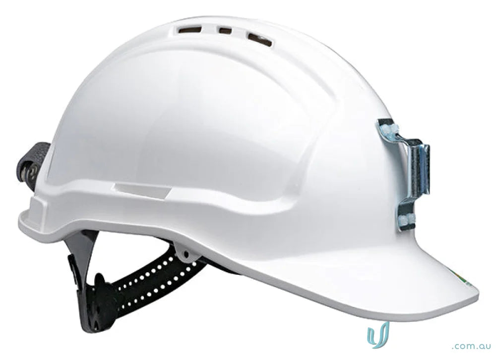 White vented hard hat with sliplock harness and metal lamp bracket for safety