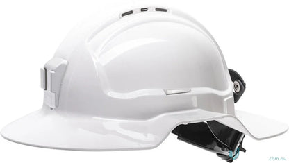 White hard hat with broad brim and brim area for safety and sun protection