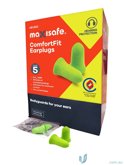 Box of green bell shaped earplugs for noise reduction from Maxisafe Bell line