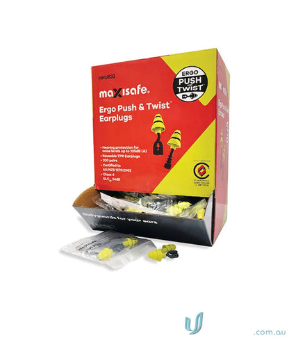 Yellow earplugs in box for work uniforms or workwear protection - 200pk Ergo Push & Twist