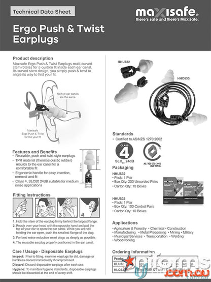Maxisafe Ergo Push & Twist Earplugs product sheet for work uniforms and safety gear