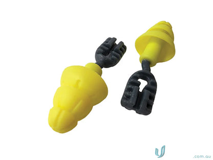 Yellow earplugs with black handles for workwear and uniforms safety protection