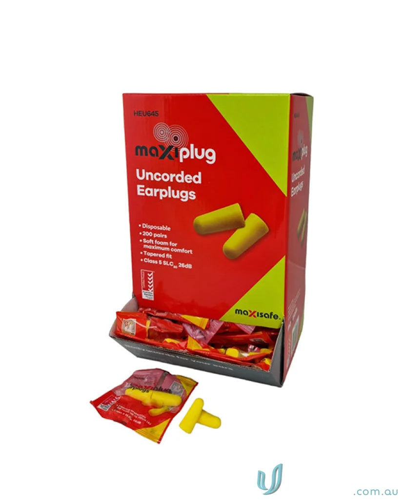 Box of yellow uncorded earplugs for work uniforms and safety gear