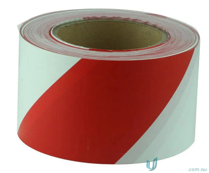 Red and white striped barricade tape roll for safety and workwear use