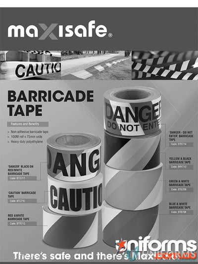 Yellow and black barricade tape rolls for safety barriers, perfect with workwear or uniforms