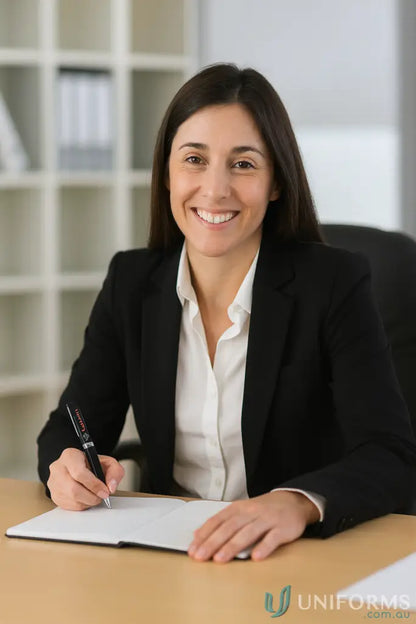 Smiling businesswoman writing with a Gemini Pen, a stylish promotional product with black ink